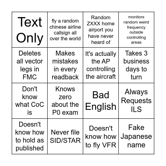 Chinese VATSIM Hammer Pilot Bingo Card