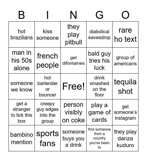 Night Out Bingo Card