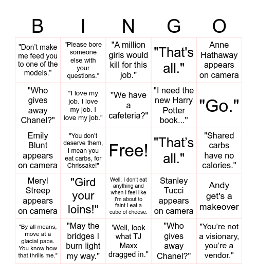 The Devil Wears Prada 1 & 2 Bingo Card