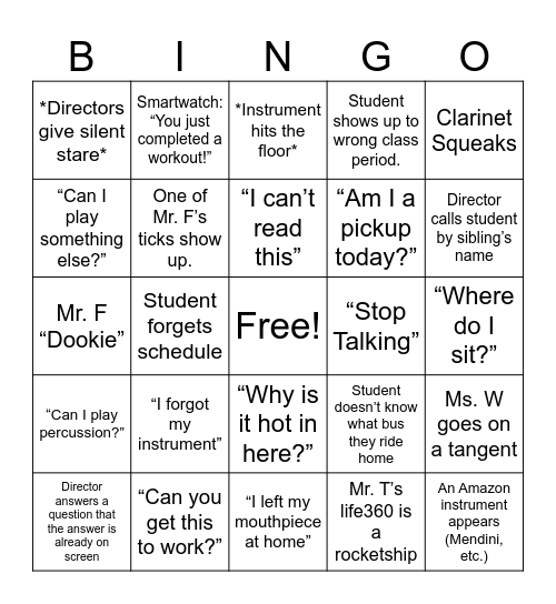 1st Day of School Bingo Card