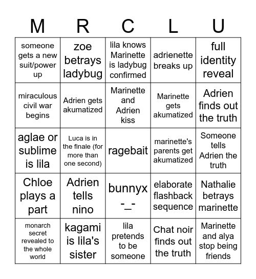 miraculous finale bingo Card