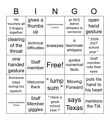 Welcome Back Bingo Card