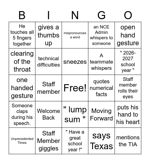 Welcome Back Bingo Card