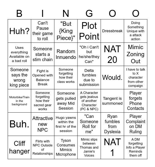 Remastered DXD Bingo Card