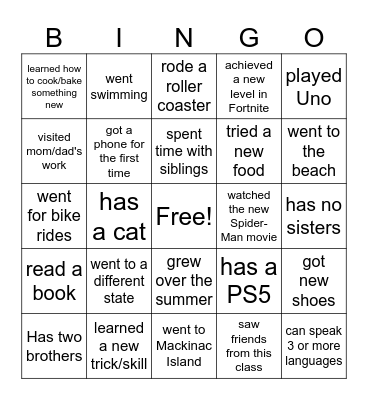 Back to School Bingo Card