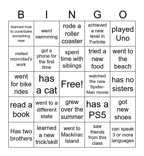 Back to School Bingo Card