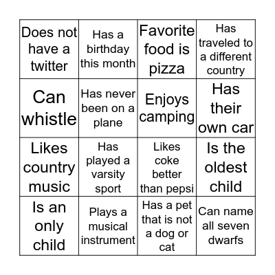 Orientation Bingo Card