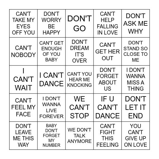 CAN'T DON'T WON'T Bingo Card