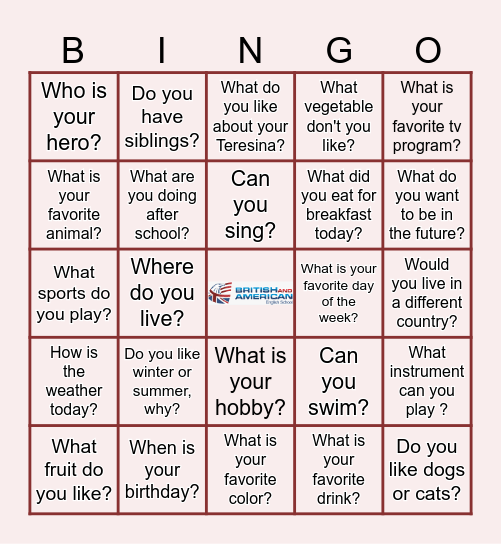 ESL Conversation Bingo Card