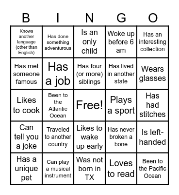 Back 2 School BINGO Card