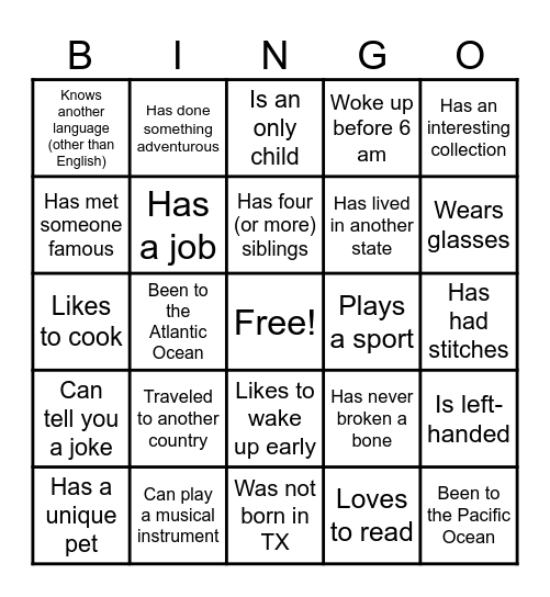 Back 2 School BINGO Card