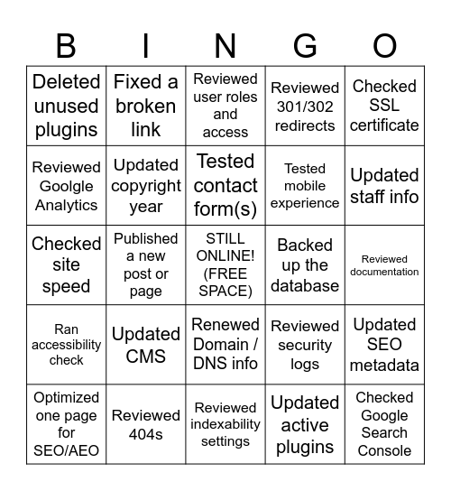 Website Health Maintenance Bingo Card