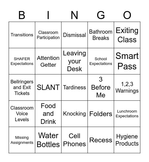 Rules and Procedures BINGO Card