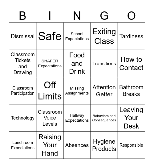 Rules and Procedures BINGO Card