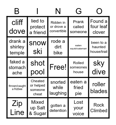 Never Have I Ever Bingo Card