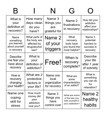 Recovery Bingo! Bingo Card