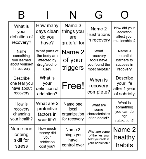Recovery Bingo! Bingo Card