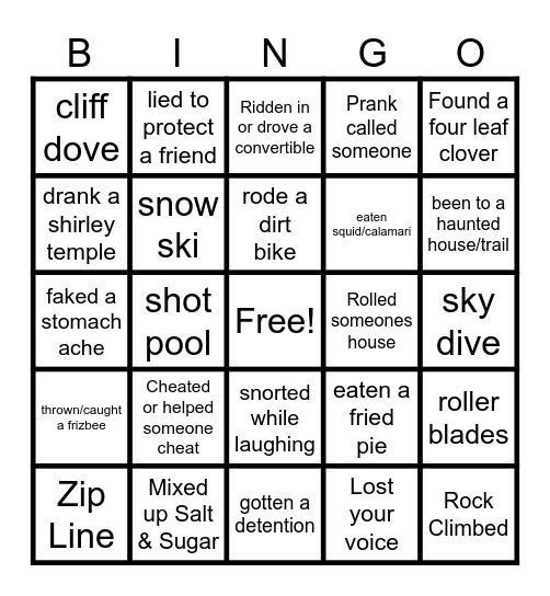 Never Have I Ever Bingo Card