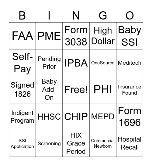 SA ME Team Bingo Card