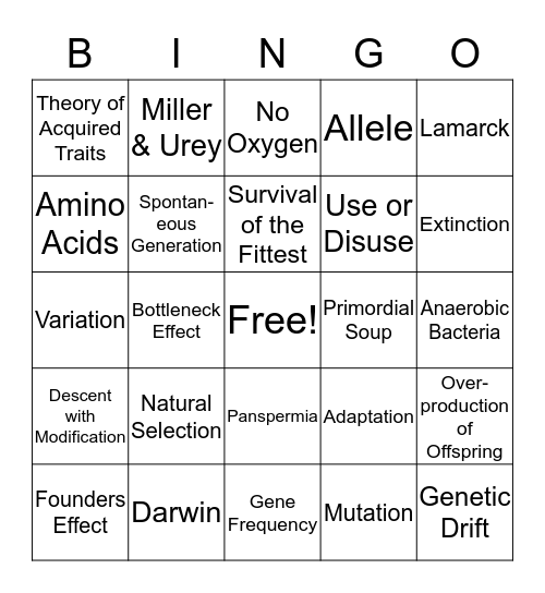 Origins of Life, Darwin &amp;Lamarck, Genetic Drift Bingo Card