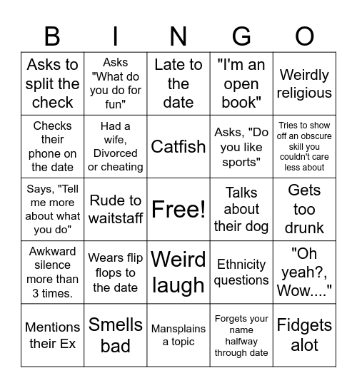 Bad Date Bingo Card
