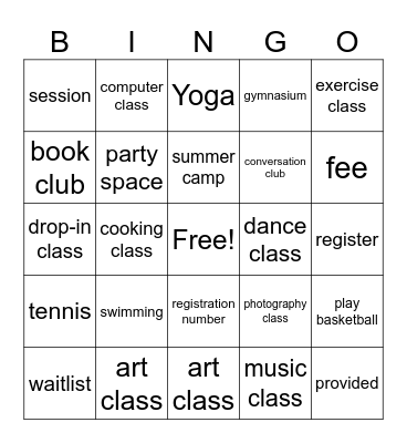 Community Centre Activities Bingo Card