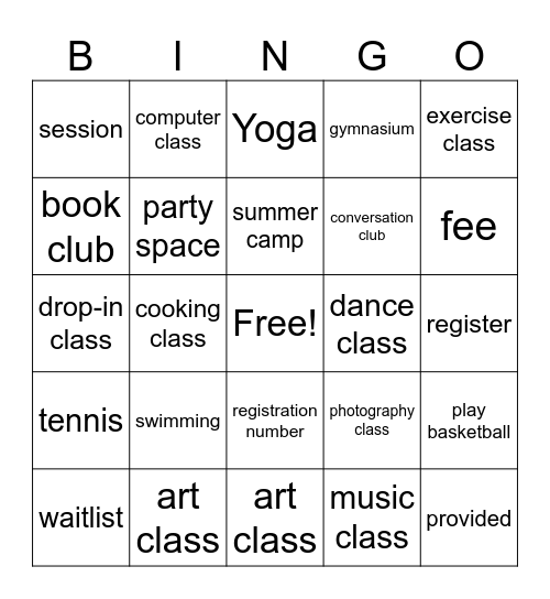 Community Centre Activities Bingo Card