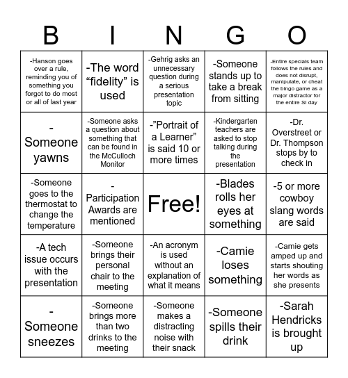 McCulloch SI Day Bingo Card