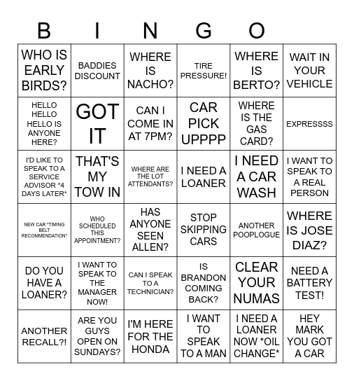 PACIFIC HONDA BINGO Card