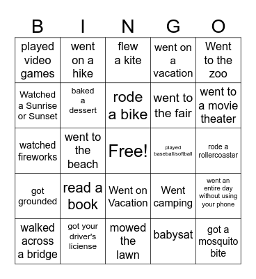 What I did this Summer Bingo Card