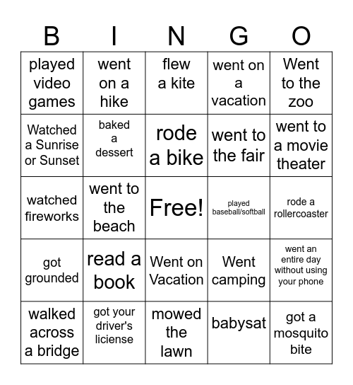 What I did this Summer Bingo Card