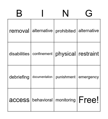 Seclusion and Restraint Video Bingo Card