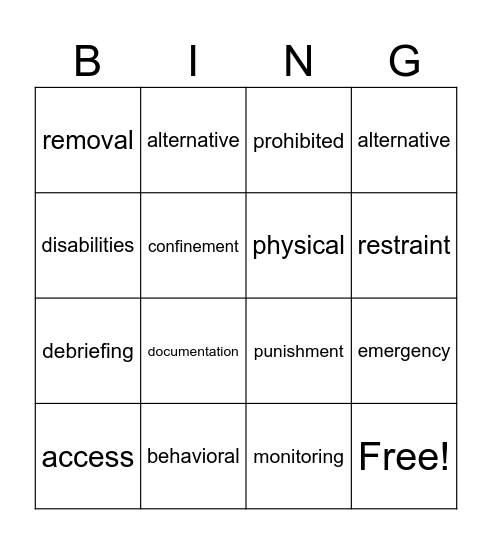 Seclusion and Restraint Video Bingo Card
