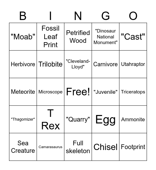 BYU Paleontology Museum BINGO Card