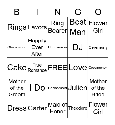 Julien's Bridal Shower Bingo Card