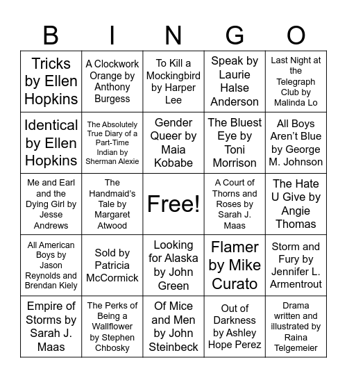 Banned Books Bingo Card