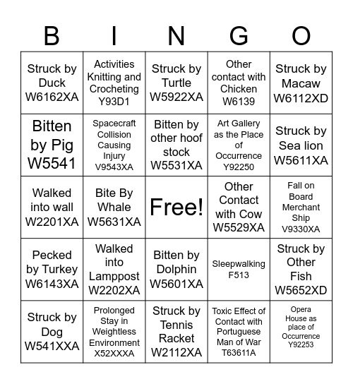 Funny External Cause Codes Bingo Card