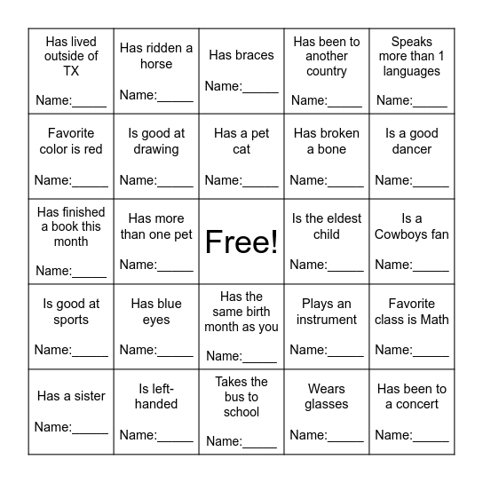 Classmate Bingo! Bingo Card