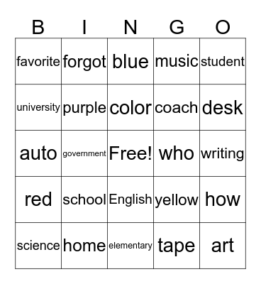 unit 2 vocab- school and classroom Bingo Card
