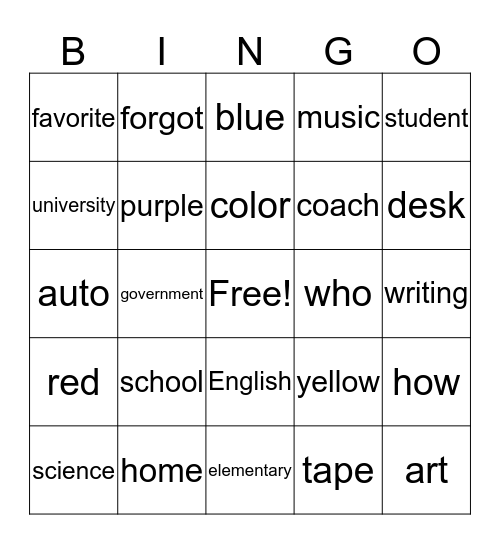 unit 2 vocab- school and classroom Bingo Card