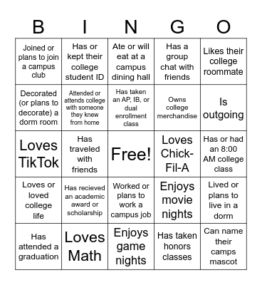 College Bingo Card