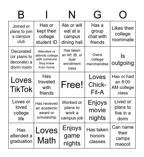 College Bingo Card