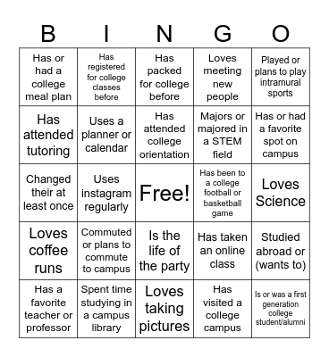 College Bingo Card