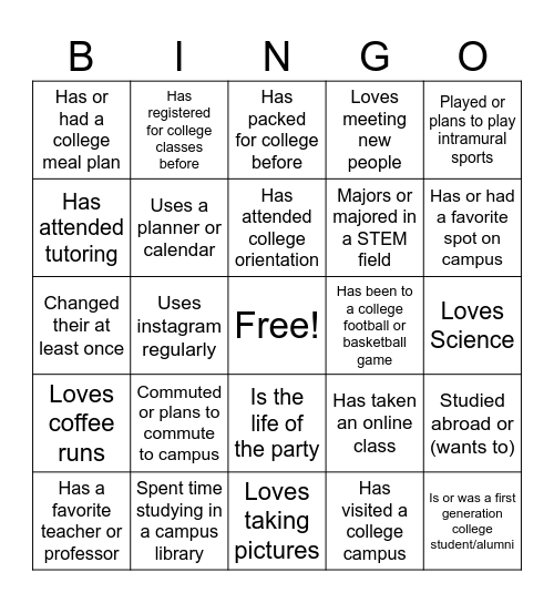 College Bingo Card