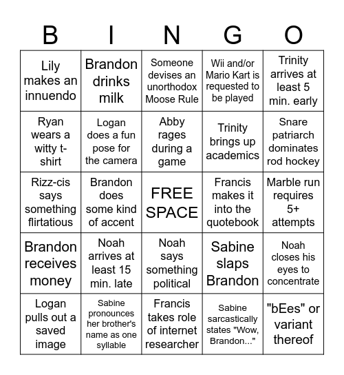 Brandon's Birthday Bash Bingo Card