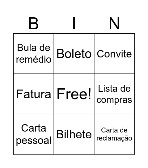 Bingo gêneros textuais Bingo Card