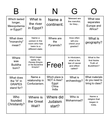 Social Studies Bingo Card