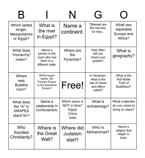 Social Studies Bingo Card