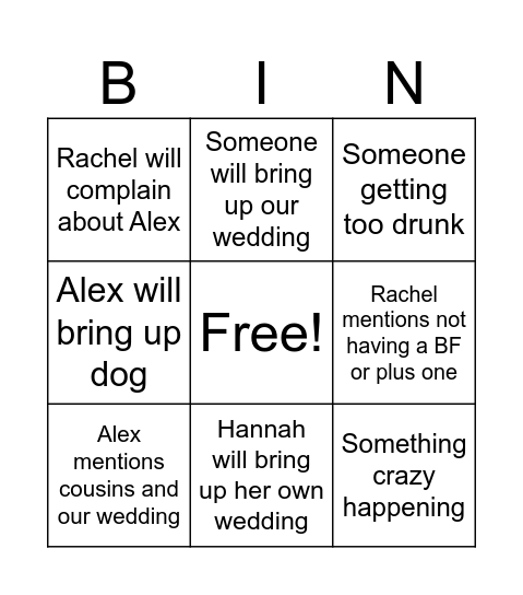 Emily's Wedding Bingo Card