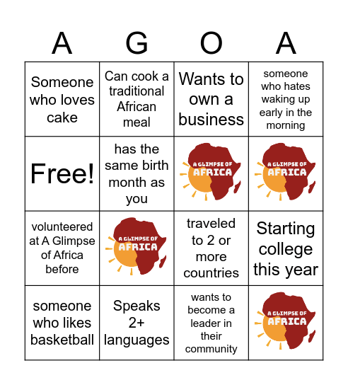 A Glimpse of Africa Bingo Card